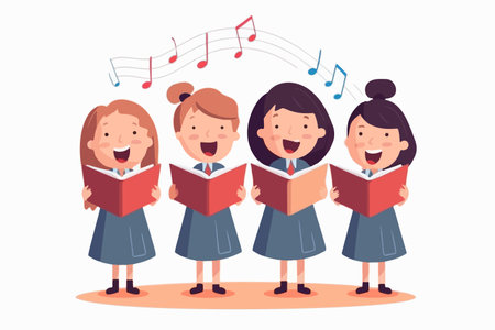 Young students with books harmonize in school chorus. Small children holding textbooks perform onstage. Music, call. vector graphic.のイラスト素材