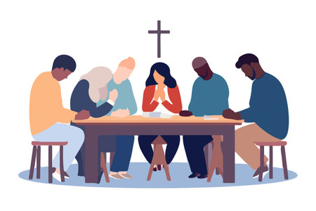Multicultural group gathers at table for joint prayer. Men and women seeking guidance and blessings from a higher power. Faith, spirituality. vector image.のイラスト素材