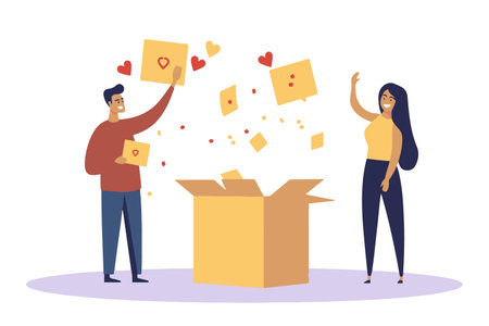 Man and woman throwing emojis into box give positive or negative feedback for service. People like or dislike company service.のイラスト素材