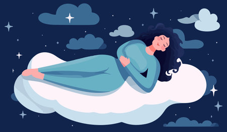 Content woman floats above pillow, relishing dreams or relaxation. Serene girl sleeping, envisioning dreams. Rest, rejuvenation. vector graphic.のイラスト素材
