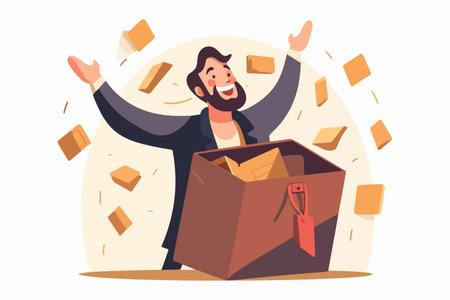 Joyful businessman clutching treasure chest, elated by discovery. Content man holding wooden container, thrilled with newfound riches. vector art.のイラスト素材
