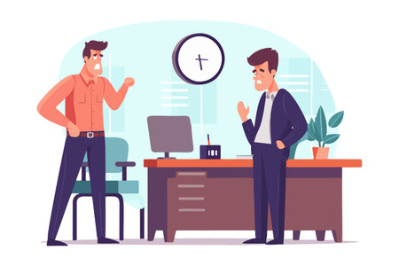Irate boss checks watch, displayed with tardy employee. Angry supervisor stands by vacant desk, frustrated by late staff member. vector image.のイラスト素材