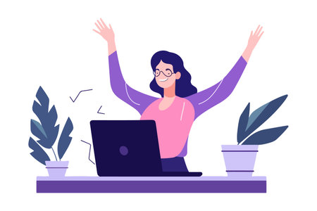 Delighted businesswoman, holding laptop, raises finger in excitement over innovative concept. Joyful female worker generates ideas while working on computer. vector graphic.のイラスト素材