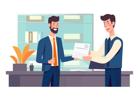 Grinning employer hands check to employee in office. Cheerful businessman provides paycheck to worker. job compensation. vector graphic.のイラスト素材