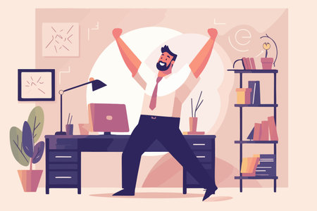 Ecstatic man dances, reveling in success. Grinning worker celebrates victory or accomplishment at work. Achievement, recognition. vector graphic.のイラスト素材
