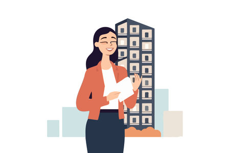 Cheerful businesswoman presents building model, working in real estate. Confident agent or broker endorses property loans or mortgages. Realty, leasing. vector graphic.のイラスト素材