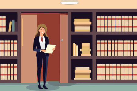 Pleased businesswoman with folder poses in office. Female attorney or manager stands near bookcase, clutching official documents. vector image.のイラスト素材