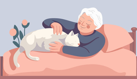 Content older woman lies in bed, cat napping on her chest. Delighted grandmother sleeps at home, embracing her furry companion.のイラスト素材