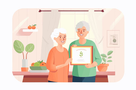 Pleased caregiver and senior patient hold lifetime warranty for quality food service. Content older woman with guaranteed assurance certificate. vector graphic.のイラスト素材