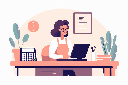 Content female accountant at office desk, calculating taxes on device. Satisfied woman manages budget, tallying expenses with calculator. vector image.のイラスト素材
