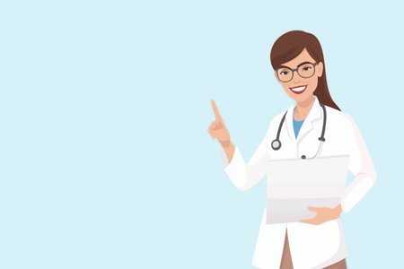 Pleased female doctor, clad in white medical attire, gestures to blank paper mockup. Cheerful general practitioner or therapist displays prescription. vector graphic.のイラスト素材