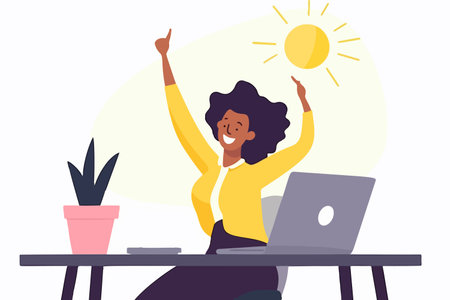 Delighted businesswoman, holding laptop, raises finger in excitement over innovative concept. Joyful female worker generates ideas while working on computer. vector graphic.のイラスト素材
