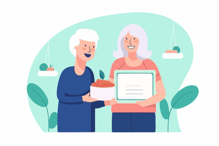 Pleased caregiver and senior patient hold lifetime warranty for quality food service. Content older woman with guaranteed assurance certificate. vector graphic.のイラスト素材