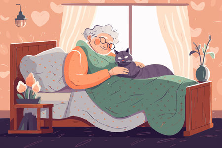 Content older woman lies in bed, cat napping on her chest. Delighted grandmother sleeps at home, embracing her furry companion.のイラスト素材