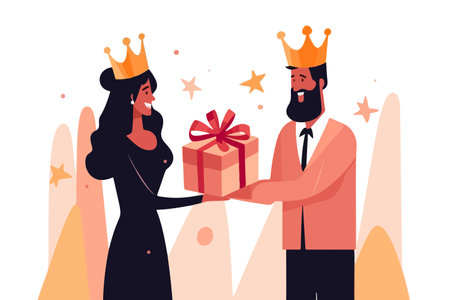 Cheerful couple in formal attire, clutching gift box. Joyful man and woman donning crowns, commemorating anniversary with present. vector image.のイラスト素材