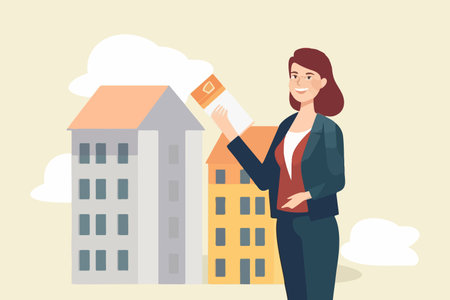 Cheerful businesswoman presents building model, working in real estate. Confident agent or broker endorses property loans or mortgages. Realty, leasing. vector graphic.のイラスト素材
