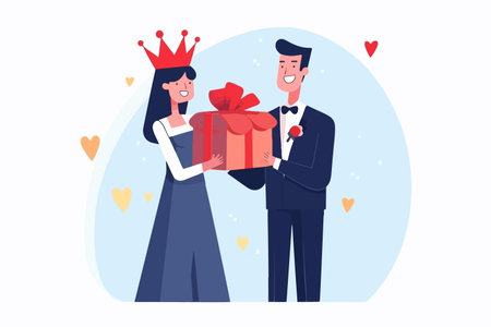 Cheerful couple in formal attire, clutching gift box. Joyful man and woman donning crowns, commemorating anniversary with present. vector image.のイラスト素材
