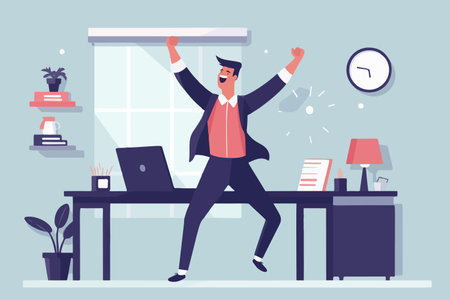 Ecstatic man dances, reveling in success. Grinning worker celebrates victory or accomplishment at work. Achievement, recognition. vector graphic.のイラスト素材