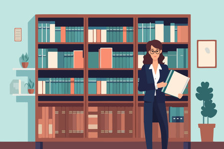 Pleased businesswoman with folder poses in office. Female attorney or manager stands near bookcase, clutching official documents. vector image.のイラスト素材