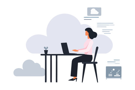 Content businesswoman engages with cloud computing system. Satisfied female worker interacts with digital app interface. vector image.のイラスト素材