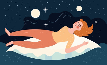 Content woman floats above pillow, relishing dreams or relaxation. Serene girl sleeping, envisioning dreams. Rest, rejuvenation. vector graphic.のイラスト素材