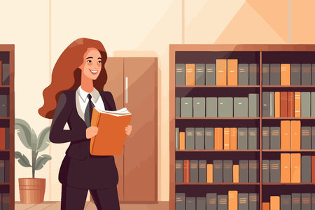 Pleased businesswoman with folder poses in office. Female attorney or manager stands near bookcase, clutching official documents. vector image.のイラスト素材
