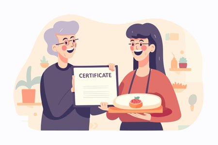 Pleased caregiver and senior patient hold lifetime warranty for quality food service. Content older woman with guaranteed assurance certificate. vector graphic.のイラスト素材