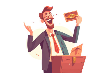 Joyful businessman clutching treasure chest, elated by discovery. Content man holding wooden container, thrilled with newfound riches. vector art.のイラスト素材