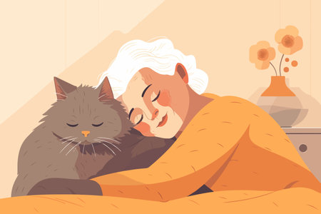 Content older woman lies in bed, cat napping on her chest. Delighted grandmother sleeps at home, embracing her furry companion.のイラスト素材