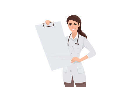 Pleased female doctor, clad in white medical attire, gestures to blank paper mockup. Cheerful general practitioner or therapist displays prescription. vector graphic.のイラスト素材