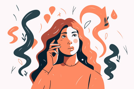 Contemplative woman, perplexed, ponders solutions for business dilemma. Engaged in thought, resolving issues, brainstorming. vector image.のイラスト素材