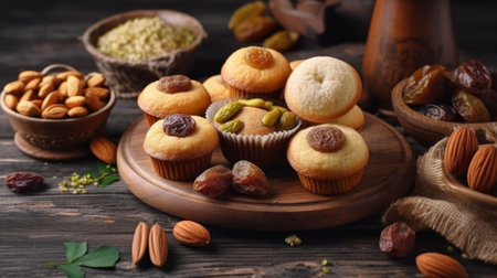 Semolina maamoul cookies with dates, walnuts, and pistachios, traditional Arabic sweets for Eid al Adha and Eid al Fitr.の写真素材
