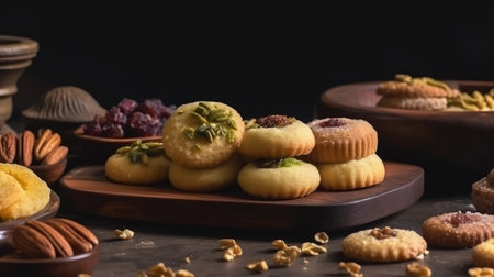 Semolina maamoul cookies with dates, walnuts, and pistachios, traditional Arabic sweets for Eid al Adha and Eid al Fitr.の写真素材