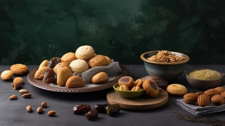 Semolina maamoul cookies with dates, walnuts, and pistachios, traditional Arabic sweets for Eid al Adha and Eid al Fitr.の写真素材