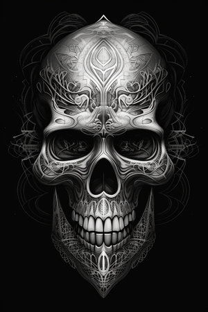 A monochrome digital painting of a symmetrical skull design with a fantasy theme.の写真素材
