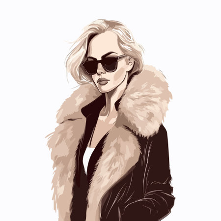 A stylish girl in sunglasses and a coat with blonde hair, depicted in a fashion illustration.のイラスト素材