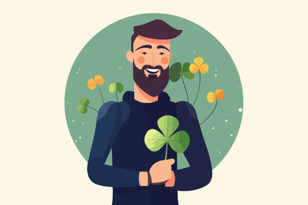 Happy man holding lucky four-leaf clover. superstition concept. vector illustration.のイラスト素材