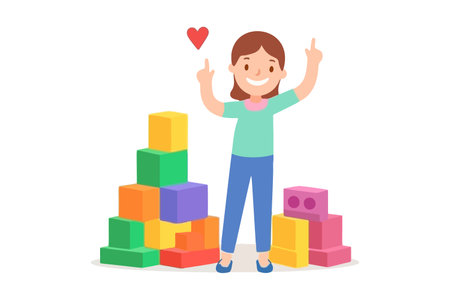 Happy child playing and learning with colorful blocks and showing thumbs up.のイラスト素材