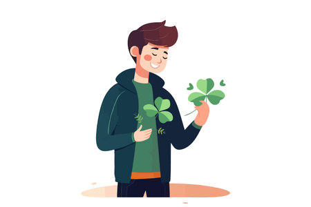 Happy man holding lucky four-leaf clover. superstition concept. vector illustration.のイラスト素材