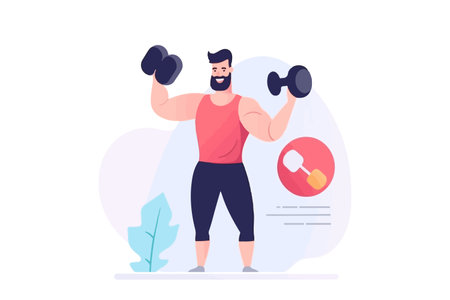 Man with dumbbell motivates viewer to workout. Happy sportsman exercising with equipment. vector illustration.のイラスト素材