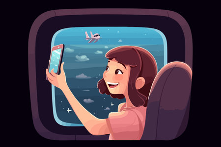 A happy girl takes a photo of clouds through the airplane window on her cellphone. vector illustration.のイラスト素材