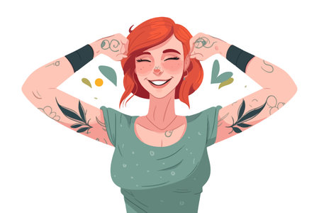 Redhead woman with arm tattoos, expressing personality through self-expression and subculture. vector illustration.のイラスト素材