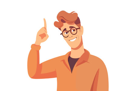 Happy man in glasses pointing up with finger, suggesting a bright idea. Creative brainstorming and decision making concept. vector illustration.のイラスト素材
