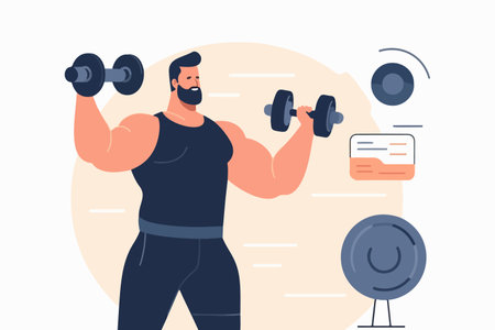 Man with dumbbell motivates viewer to workout. Happy sportsman exercising with equipment. vector illustration.のイラスト素材