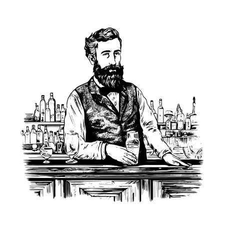 Hand drawn illustration of bartender in engraved style isolated on white background.のイラスト素材