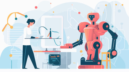 Technology and Innovation: An illustration depicting a robot and a human working together on a project. Android robot and scientist, modern flat vector illustration.のイラスト素材
