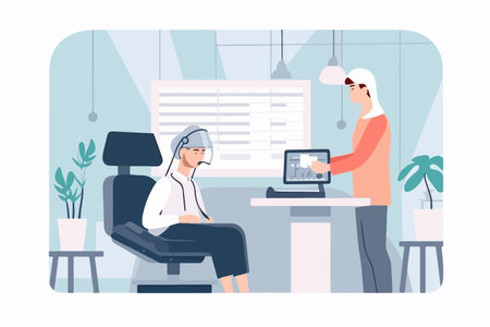 A woman patient is undergoing an EEG scan in a hospital, while a male doctor is examining her in a neurology clinic. vector illustration.のイラスト素材