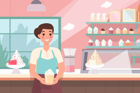 A female saleswoman with a smile standing by the counter of an ice cream shop, selling gelato in a cafe. vector image.のイラスト素材