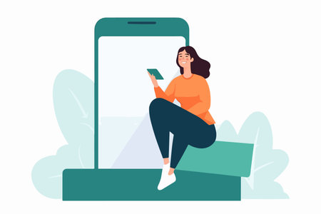 Smiling woman on giant cellphone with mockup screen. Female client holding smartphone with blank display. advertising. vector image.のイラスト素材