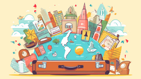 a suitcase adorned with stickers of landmarks from various countries against the backdrop of a world map featuring popular tourist destinations.のイラスト素材